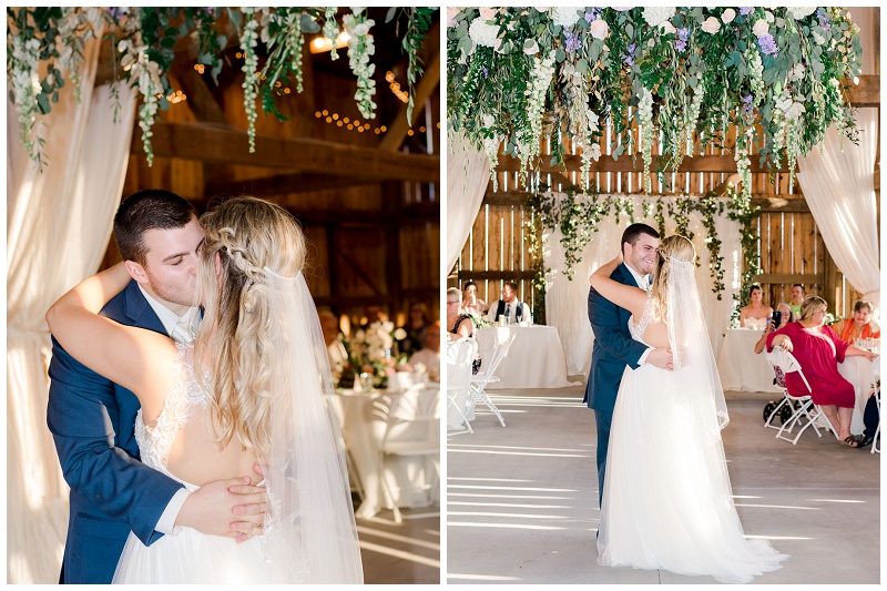 floral reception chandelier, bride and groom first dance, Barn Venues in East TN, still hollow farm