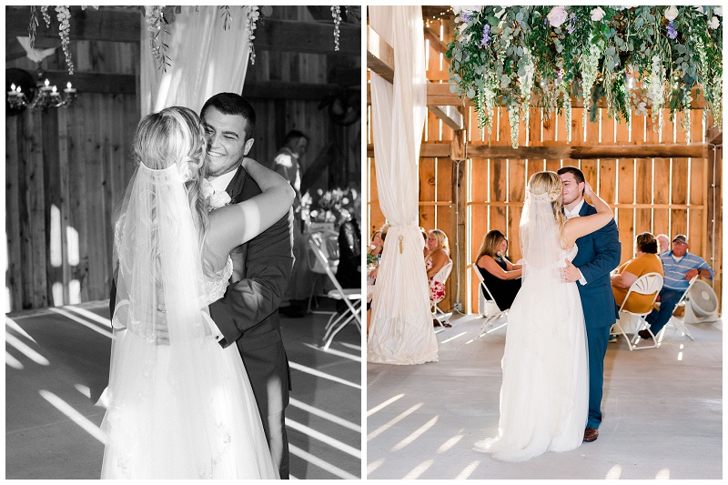 bride and groom first dance, floral chandelier, Barn Venues in East TN, still hollow farm 