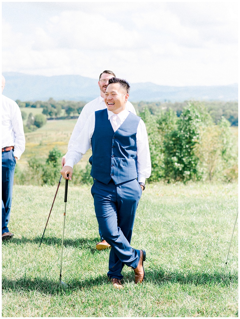 The Homeplace at Johnston Farm Wedding, Groom playing golf, Knoxville barn wedding venues