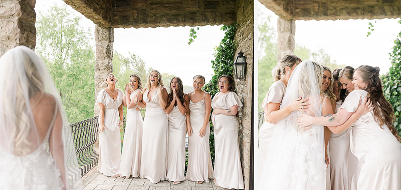 Bride sharing a first look with bridesmaids.