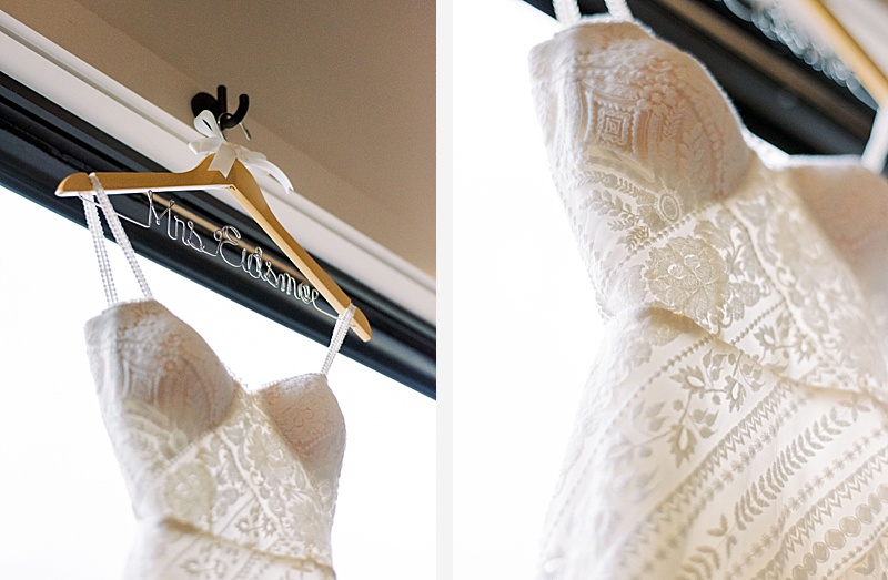 Rue de Seine wedding gown hanging in The Trillium Venue in Sevierville, TN.